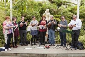 The West of Scotland Ukulele Players performing at the launch of Voluntary Arts Week, May 2013 (photo credit Julia Bauer)